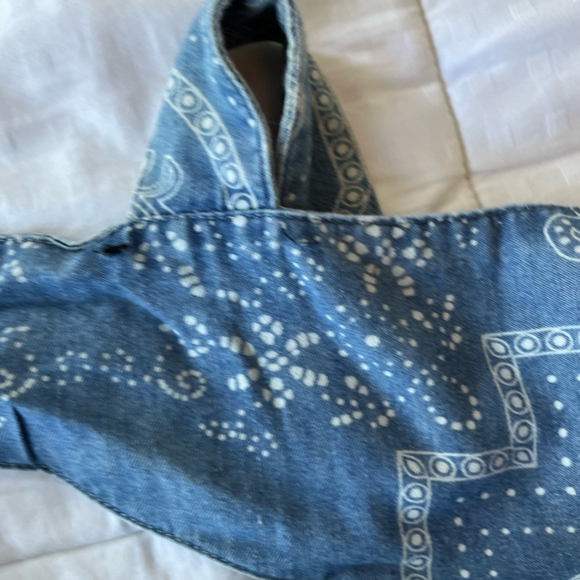 SOLD BENJAMIN BITTEN Chambray Denim Paisley Print Tie Back Button Front Romper - Picture 16 of 16